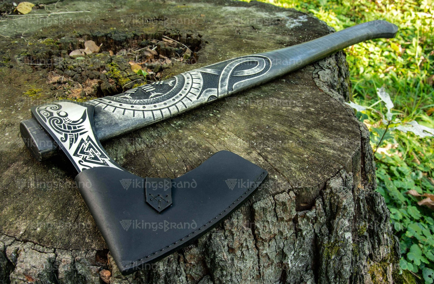 Hand Forged Carved Axe With Valknut Pattern & Wooden Box