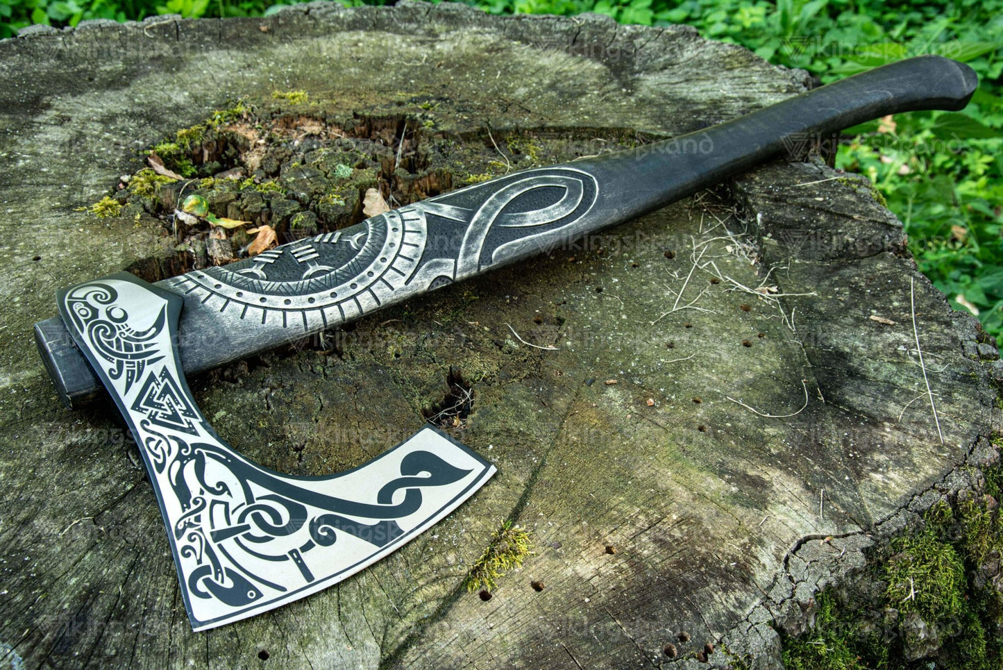 Hand Forged Carved Axe With Valknut Pattern & Wooden Box