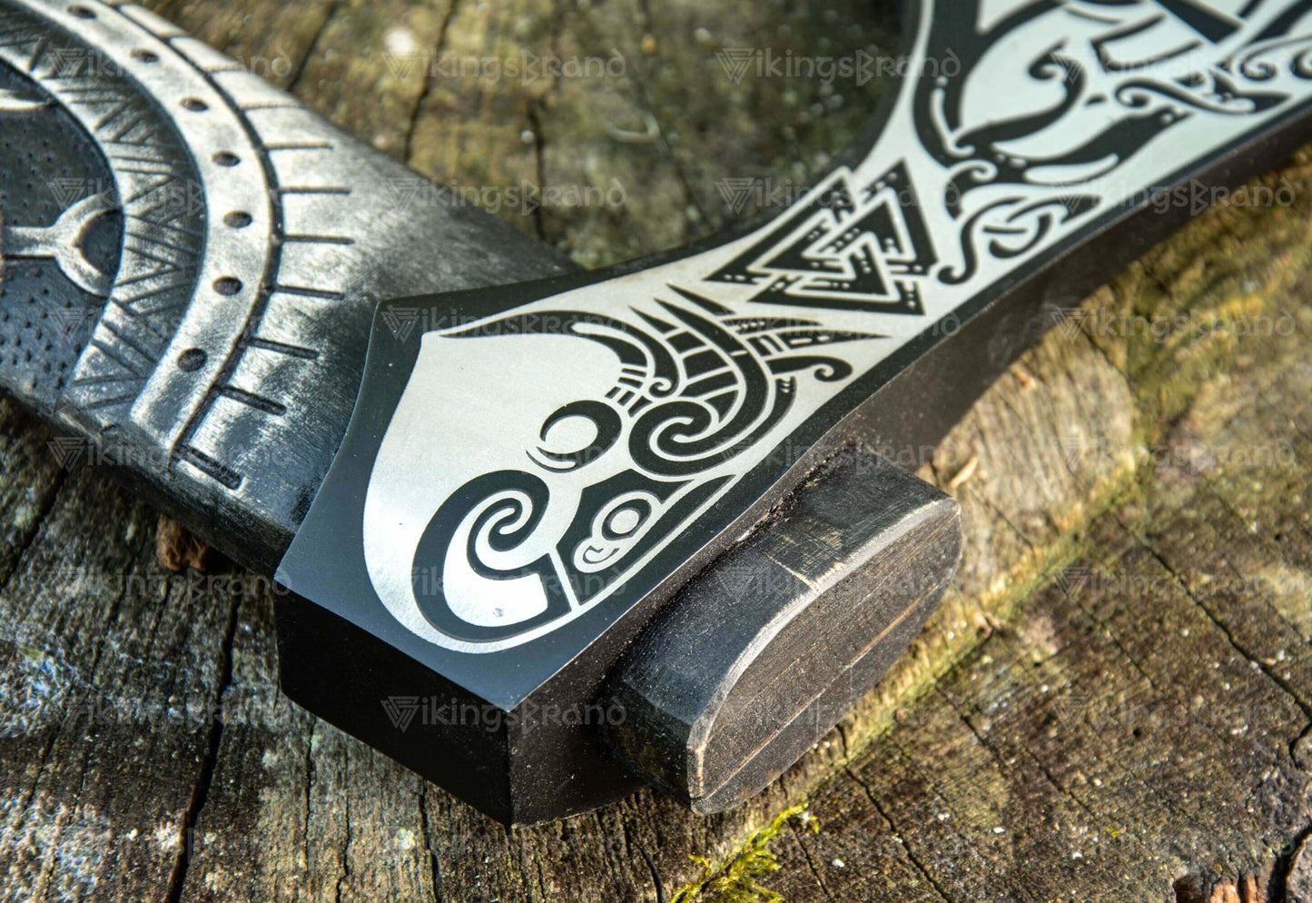 Hand Forged Carved Axe With Valknut Pattern & Wooden Box