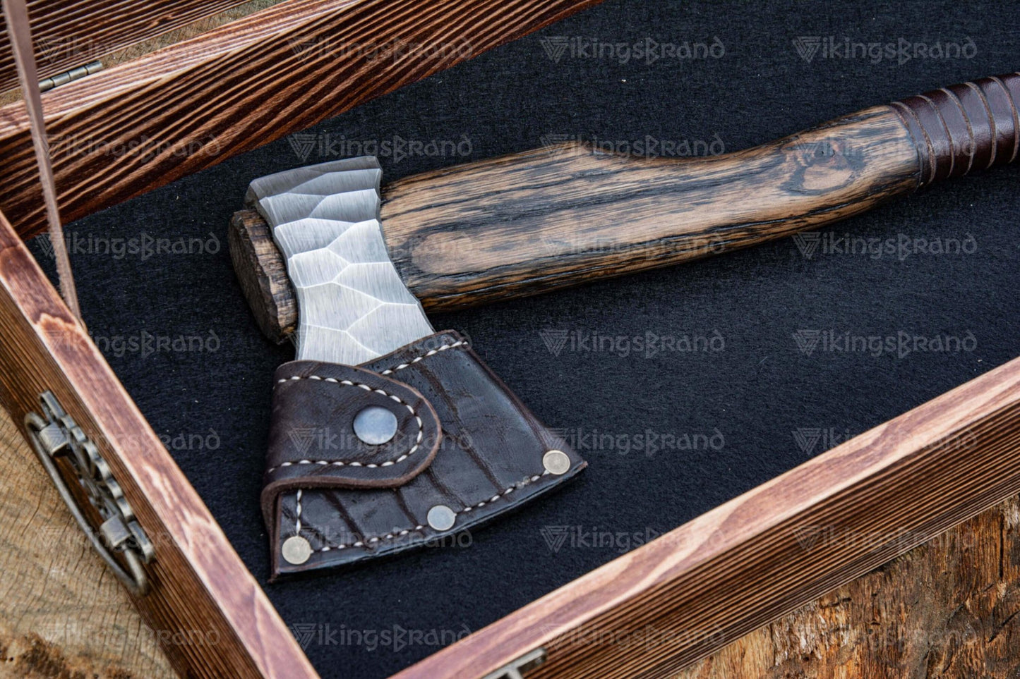 Hand Forged Hatchet “Vill Gustus” With Leather Cover And Wooden Box