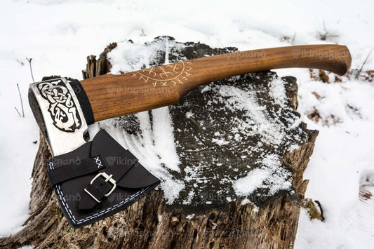 Hand Forged Runic Axe "Dragon Einarr" In A Leather Case