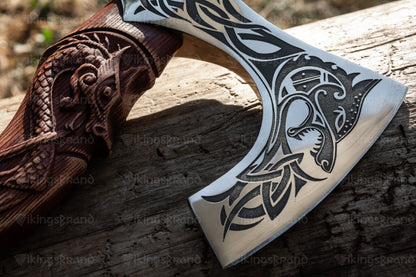 Hand Forged Viking Axe with Mighty Fenrir and Leather Cover