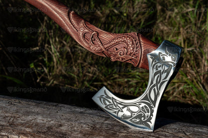 Hand Forged Viking Axe with Mighty Fenrir and Leather Cover