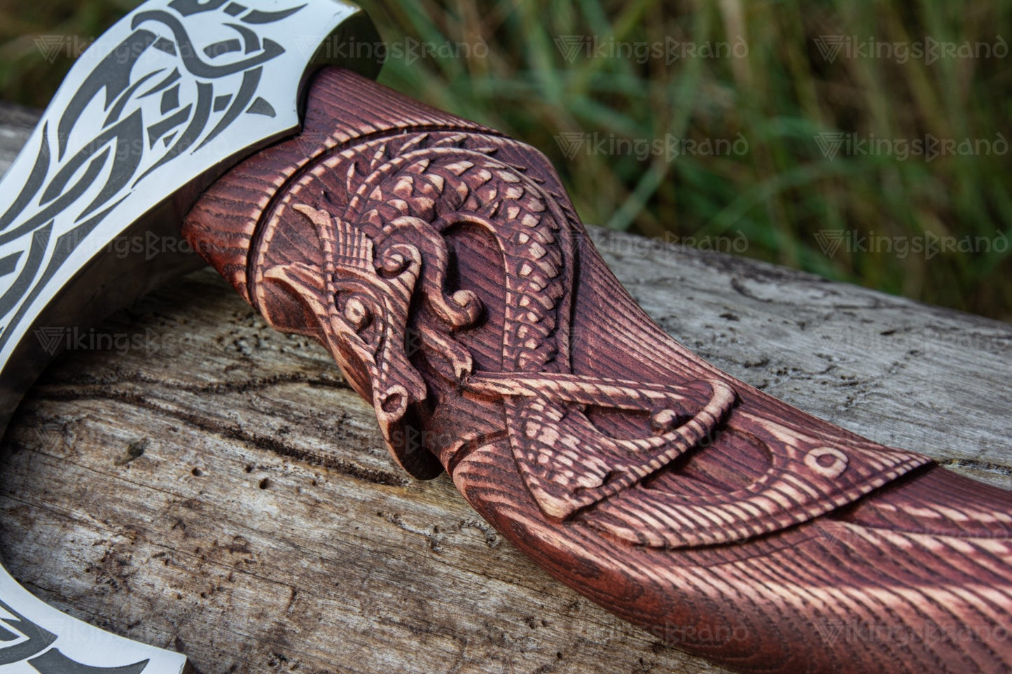 Hand Forged Viking Axe with Mighty Fenrir and Leather Cover