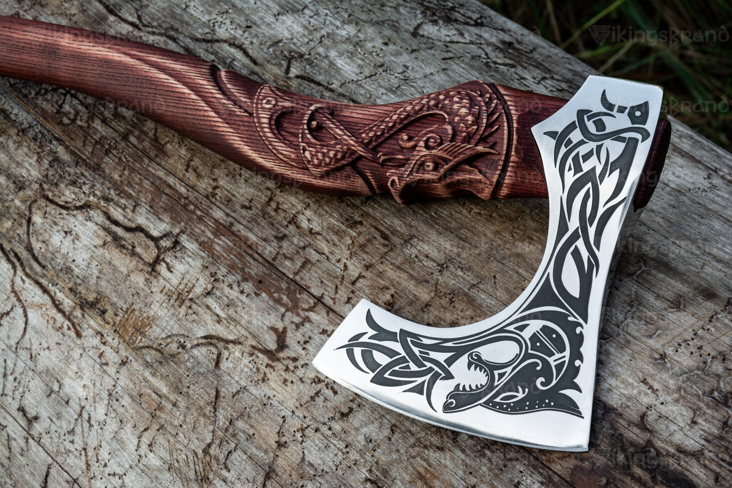 Hand Forged Viking Axe with Mighty Fenrir and Leather Cover