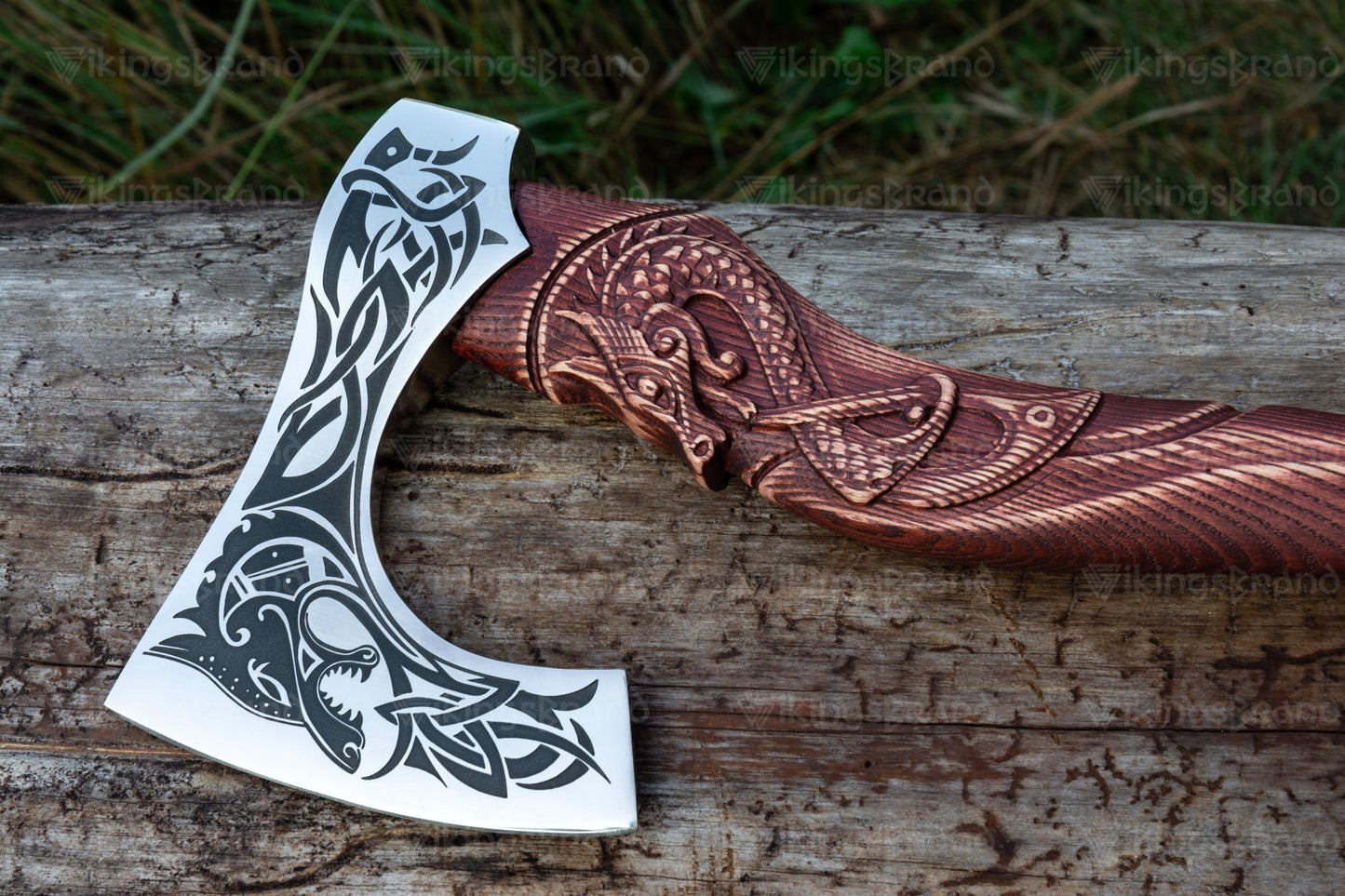 Hand Forged Viking Axe with Mighty Fenrir and Leather Cover