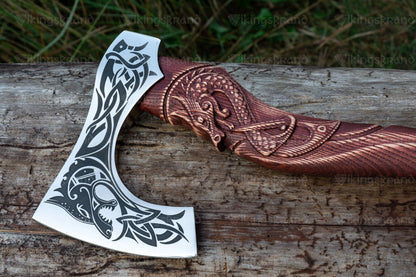 Hand Forged Viking Axe with Mighty Fenrir and Leather Cover