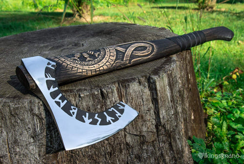 Hand-forged and carved Viking axe "Othala" with runic head and Wrapped Handle