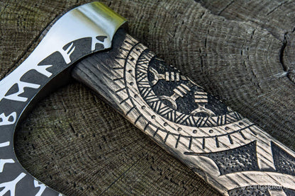 Hand-Forged & Carved Viking Axe "Othala" with Runic Head & Wrapped Handle