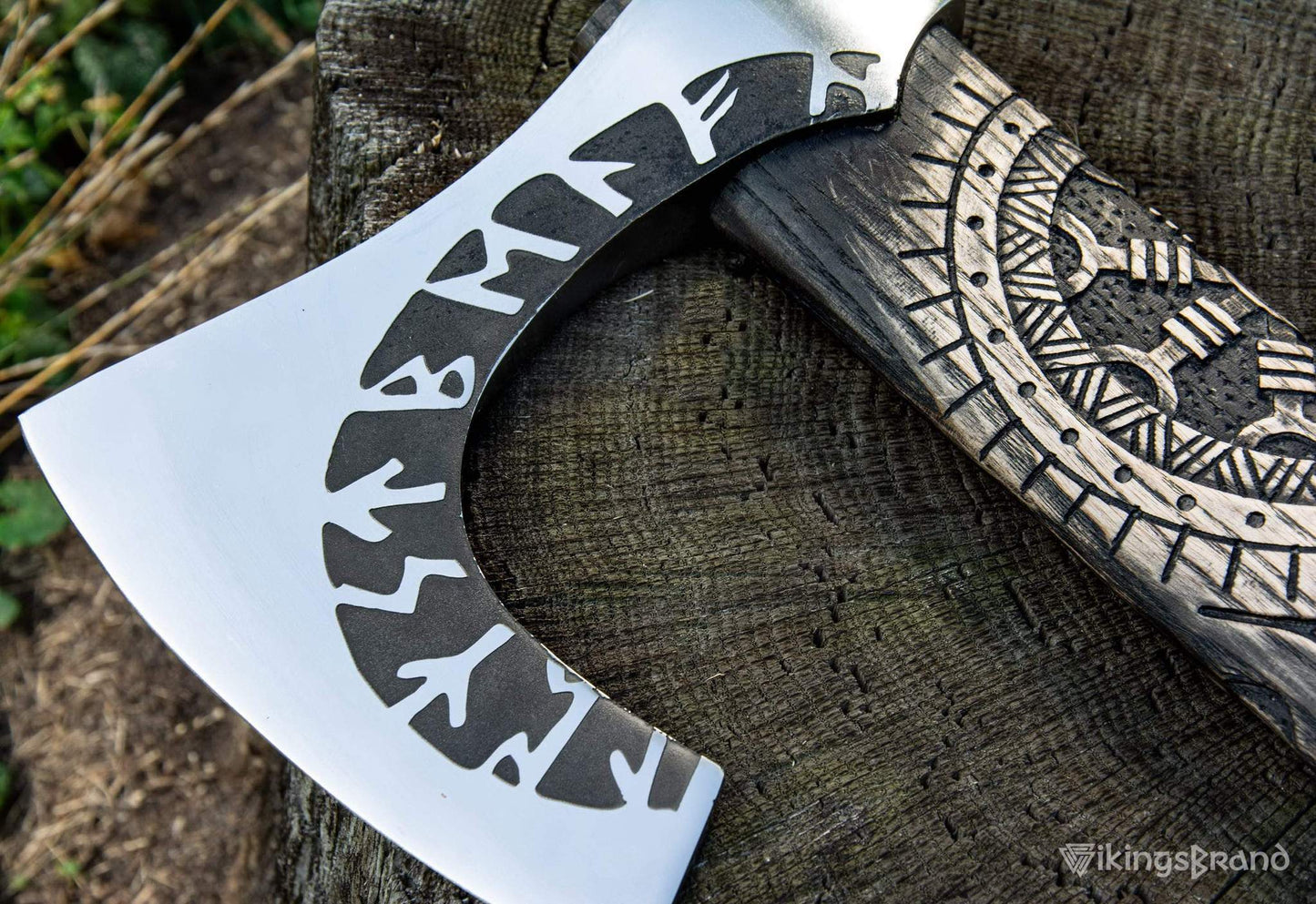 Hand-Forged & Carved Viking Axe "Othala" with Runic Head & Wrapped Handle