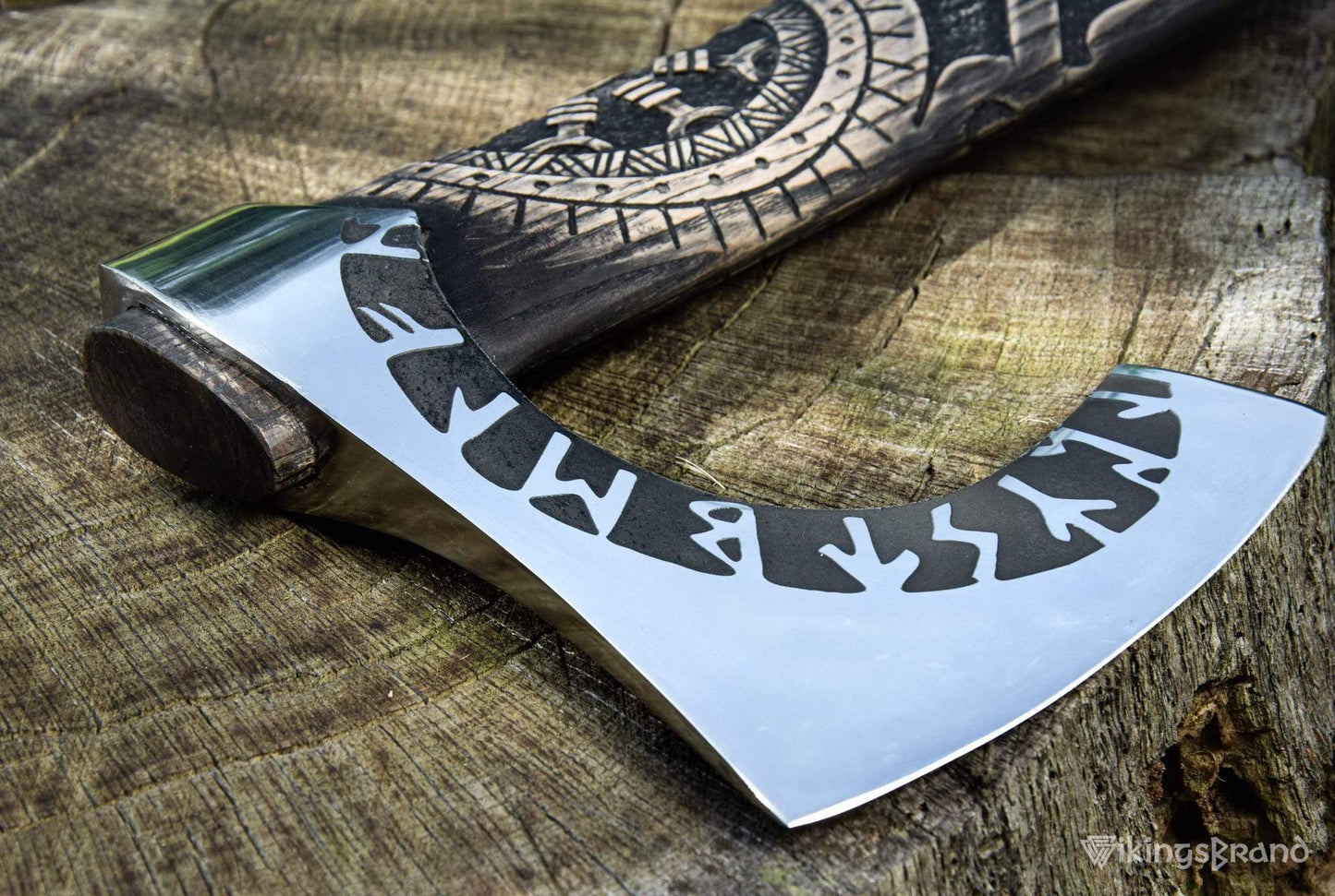 Hand-Forged & Carved Viking Axe "Othala" with Runic Head & Wrapped Handle