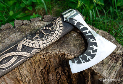 Hand-Forged & Carved Viking Axe "Othala" with Runic Head & Wrapped Handle