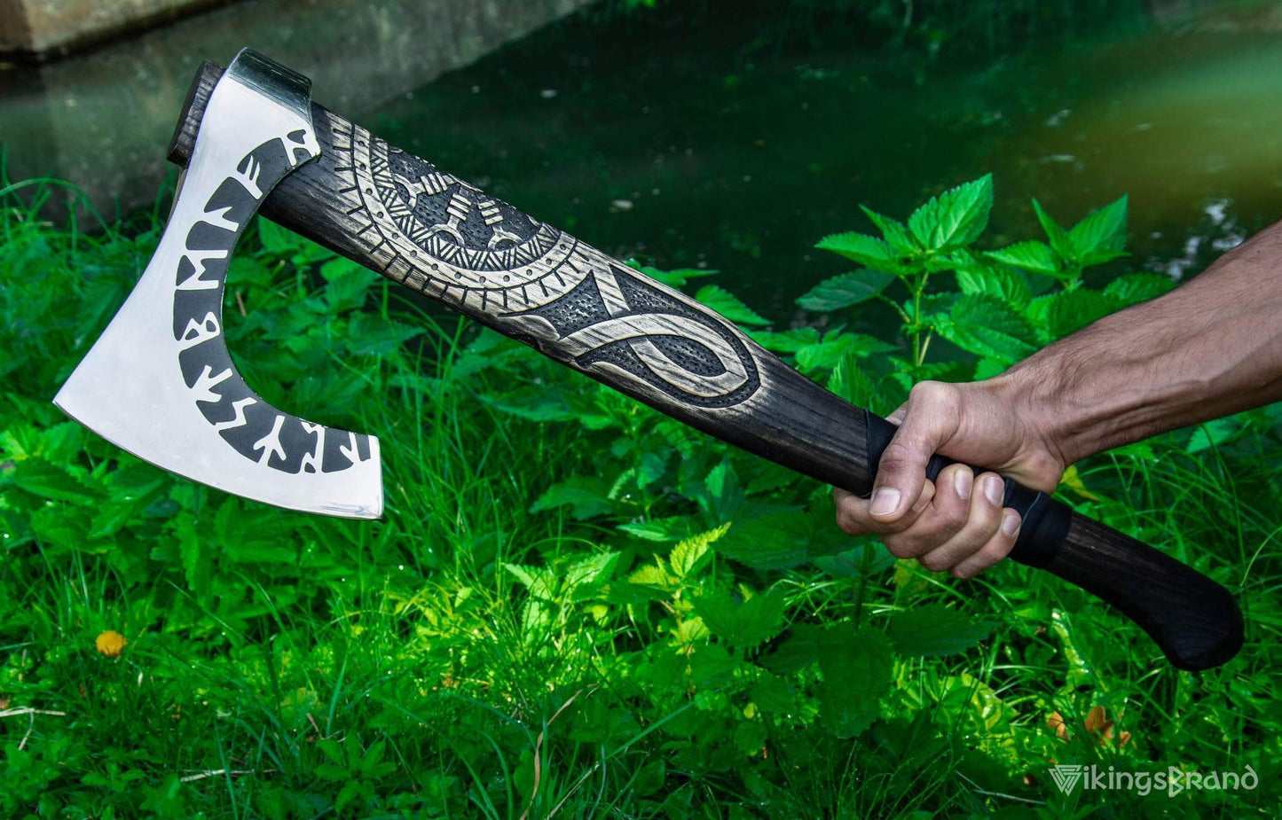 Hand-Forged & Carved Viking Axe "Othala" with Runic Head & Wrapped Handle