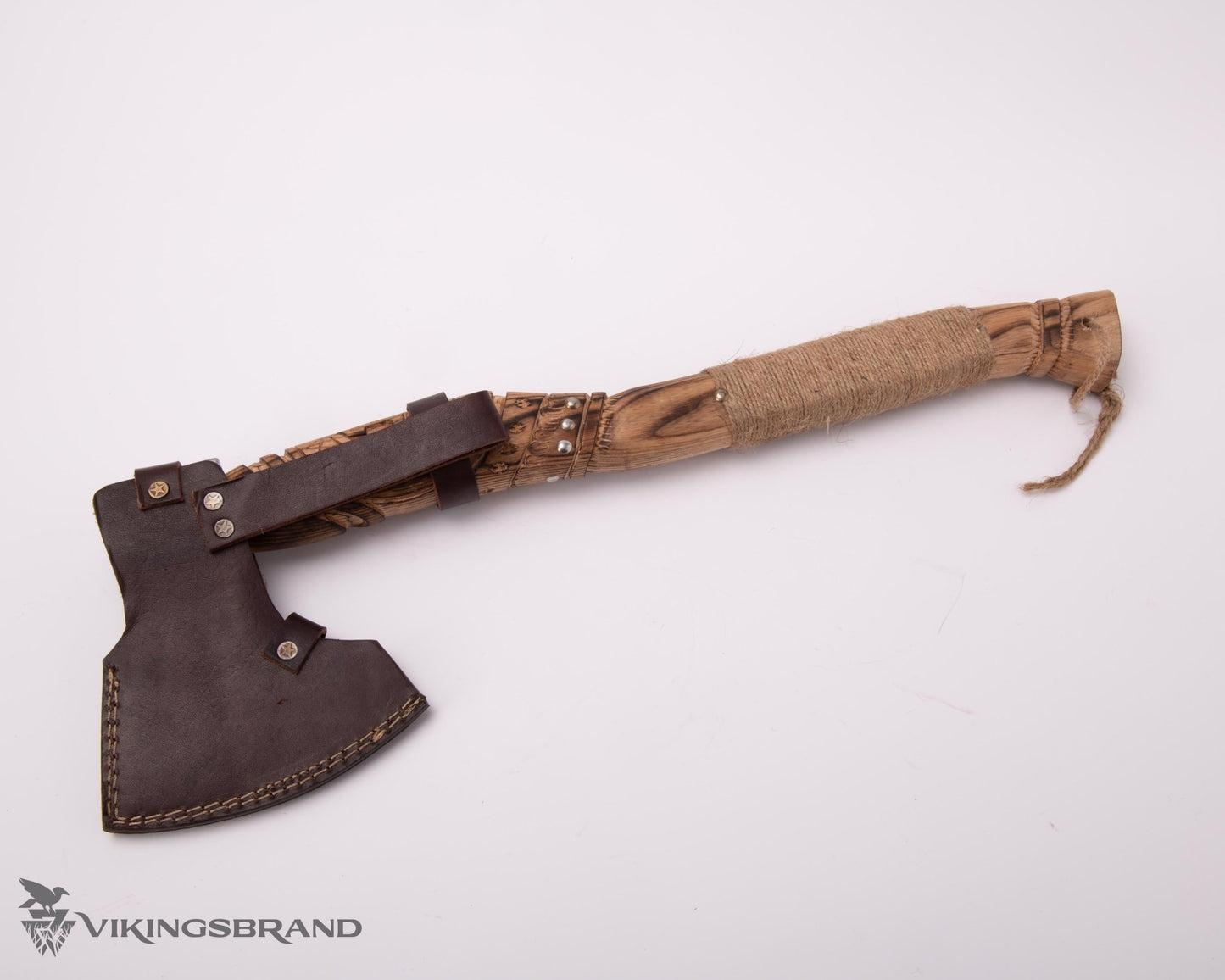 Hand Forged Viking Axe with Decorated Axe Head and Carved Handle