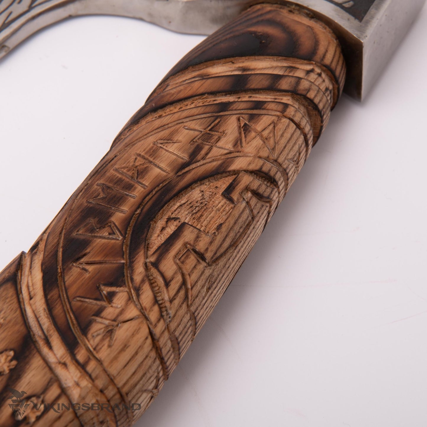 Hand Forged Viking Axe with Decorated Axe Head and Carved Handle