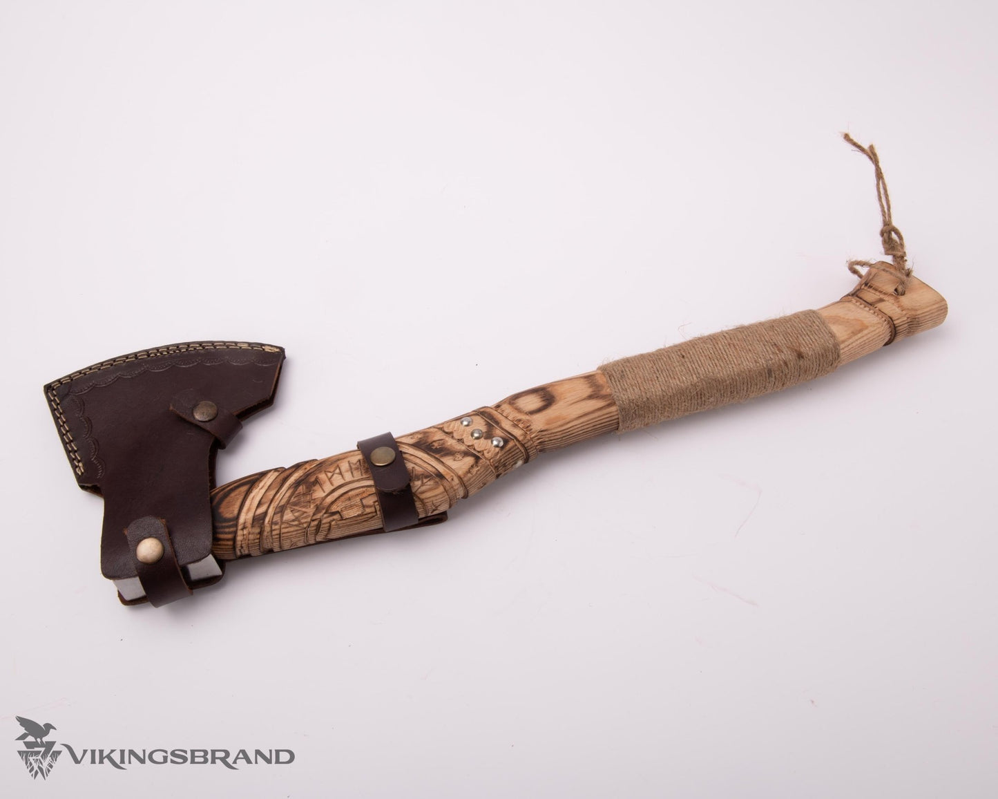 Hand Forged Viking Axe with Decorated Axe Head and Carved Handle