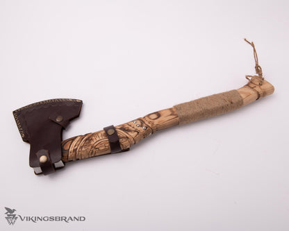Hand Forged Viking Axe with Decorated Axe Head and Carved Handle