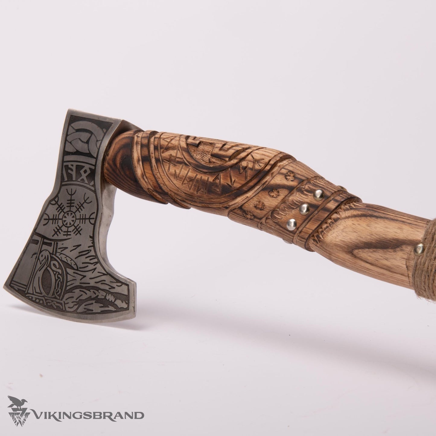 Hand Forged Viking Axe with Decorated Axe Head and Carved Handle