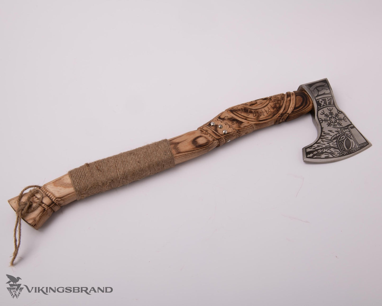 Hand Forged Viking Axe with Decorated Axe Head and Carved Handle