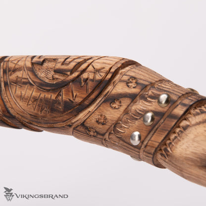 Hand Forged Viking Axe with Decorated Axe Head and Carved Handle