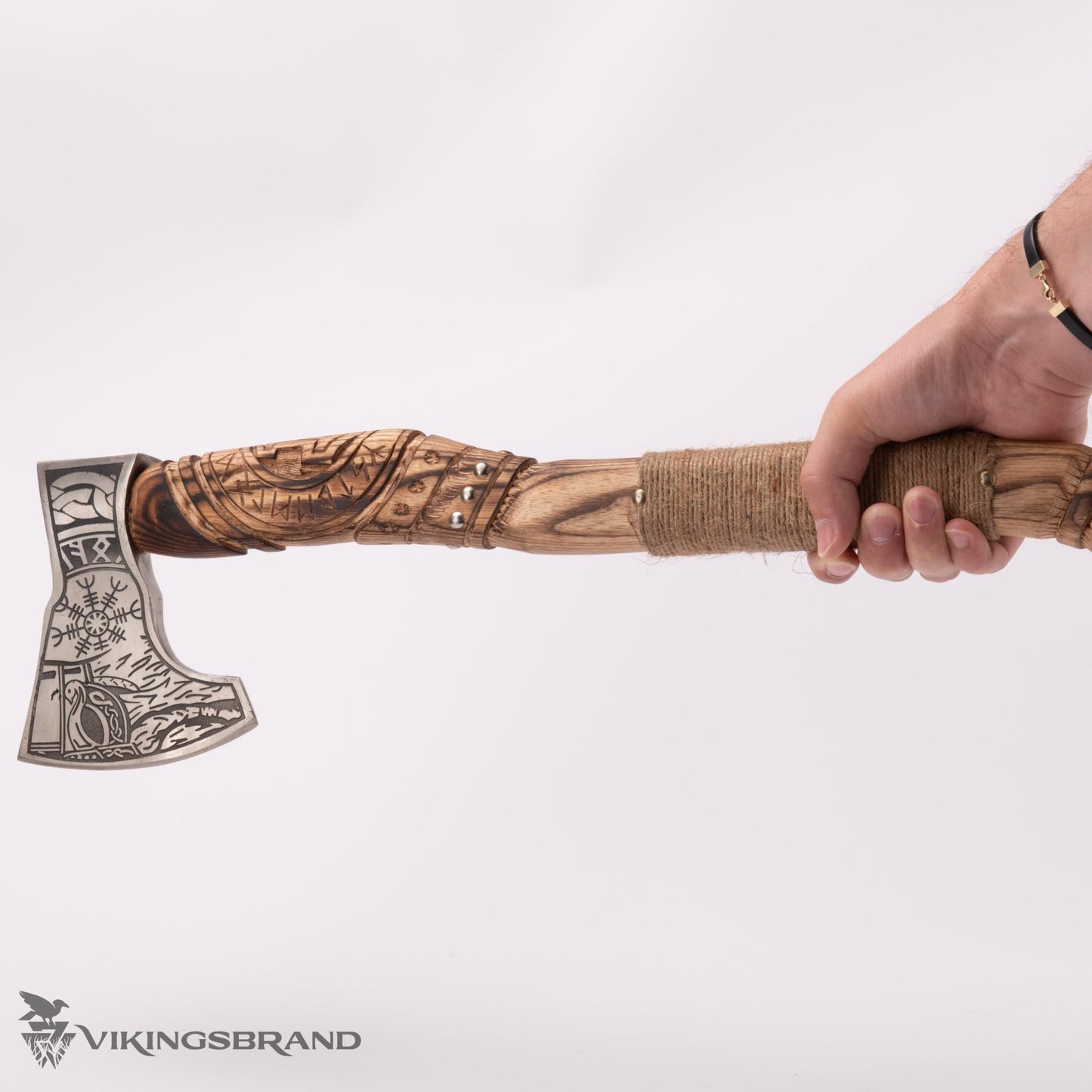 Hand Forged Viking Axe with Decorated Axe Head and Carved Handle
