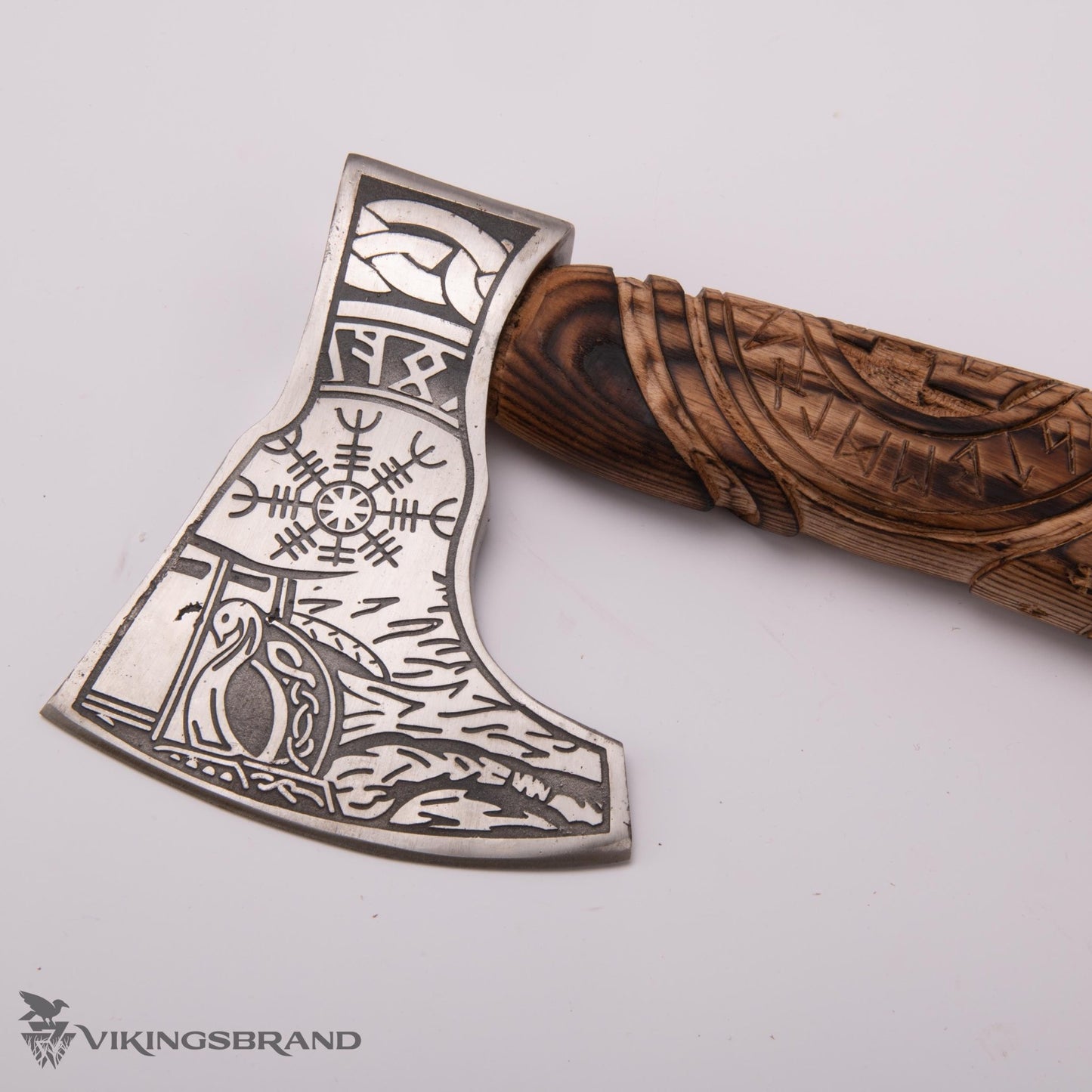 Hand Forged Viking Axe with Decorated Axe Head and Carved Handle
