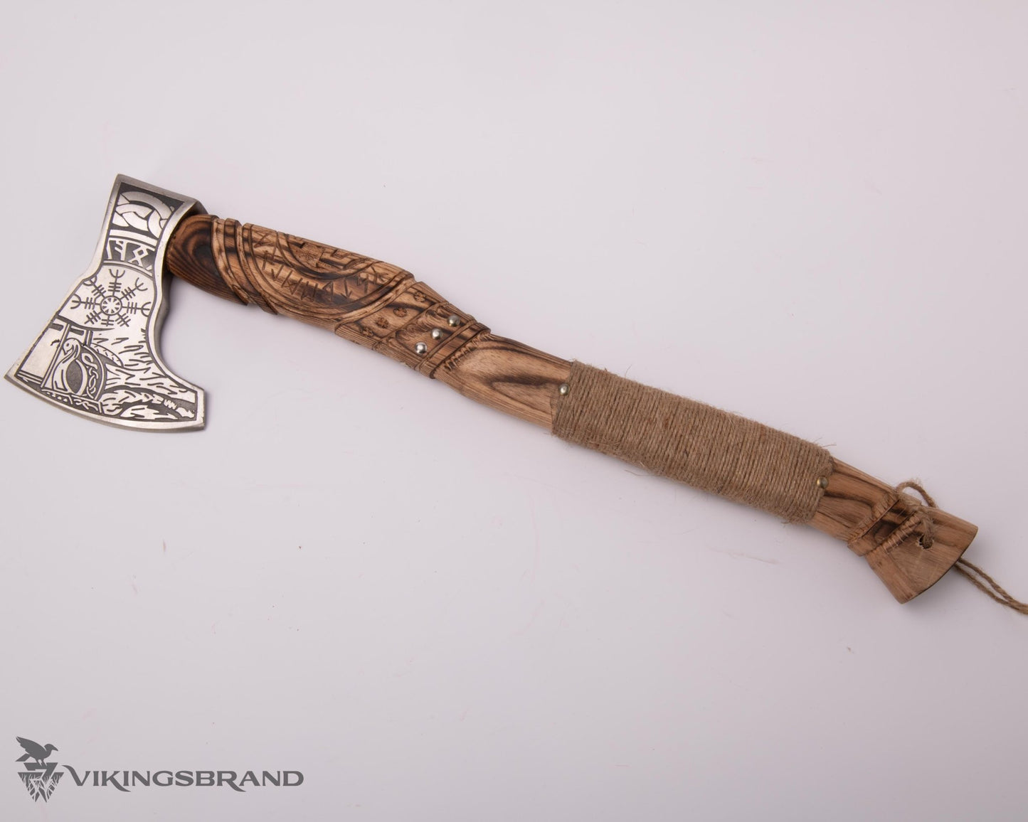 Hand Forged Viking Axe with Decorated Axe Head and Carved Handle