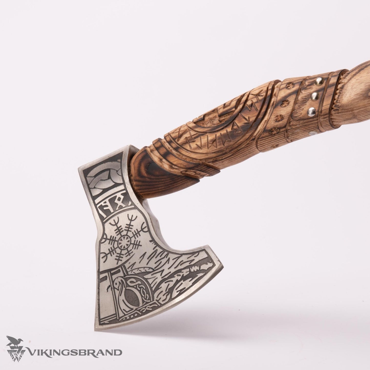 Hand Forged Viking Axe with Decorated Axe Head and Carved Handle