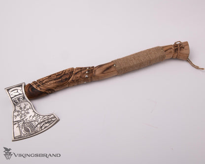 Hand Forged Viking Axe with Decorated Axe Head and Carved Handle