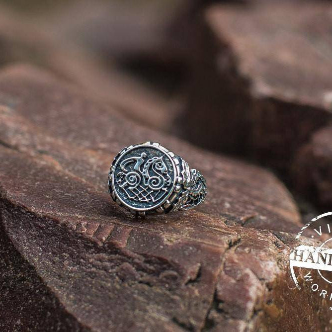 Handcrafted Ring with Sleipnir Symbol Sterling Silver Viking Norse Ring - VikingsBrand