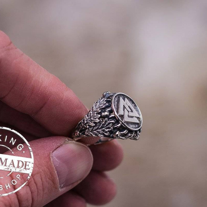 HANDCRAFTED Viking Valknut Ring with Oak Leaves | New Version - VikingsBrand