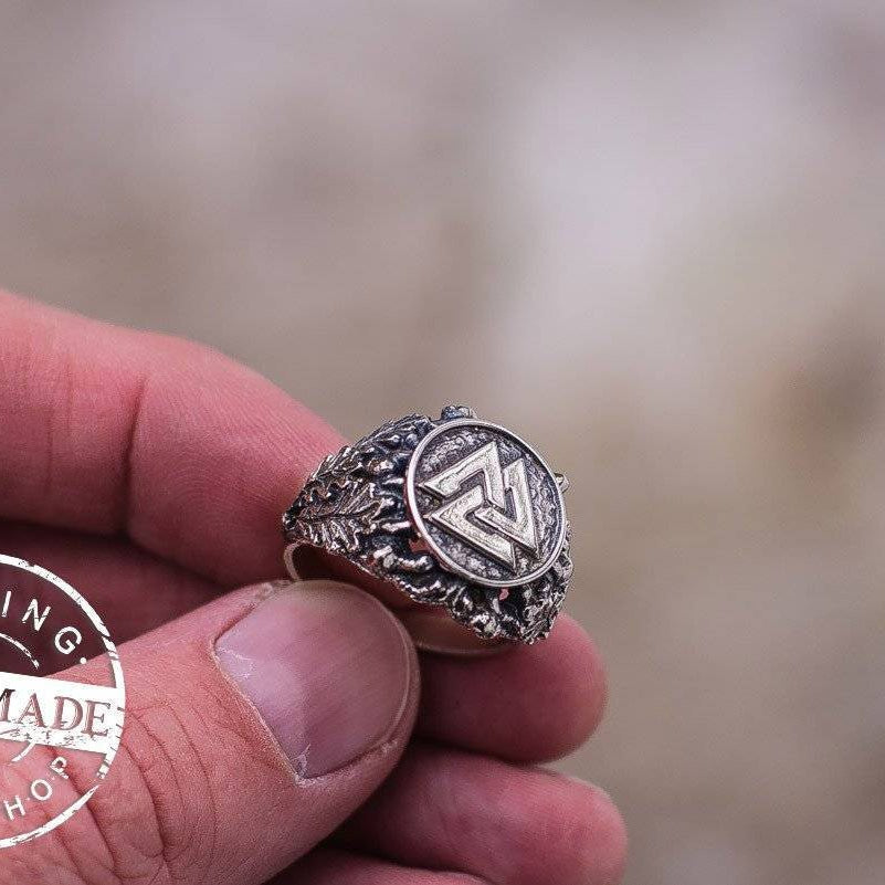 HANDCRAFTED Viking Valknut Ring with Oak Leaves | New Version - VikingsBrand