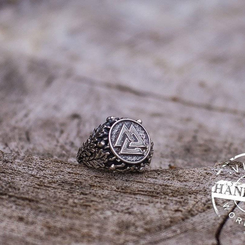HANDCRAFTED Viking Valknut Ring with Oak Leaves | New Version - VikingsBrand