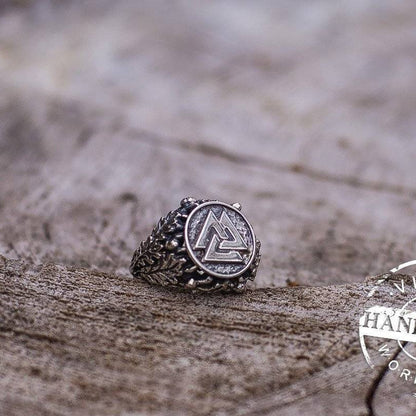 HANDCRAFTED Viking Valknut Ring with Oak Leaves | New Version - VikingsBrand