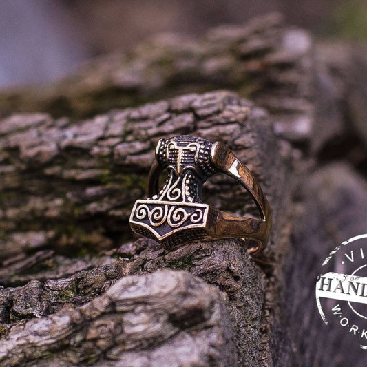 Handmade Bronze Mjolnir Thor's Hammer Ring - VikingsBrand