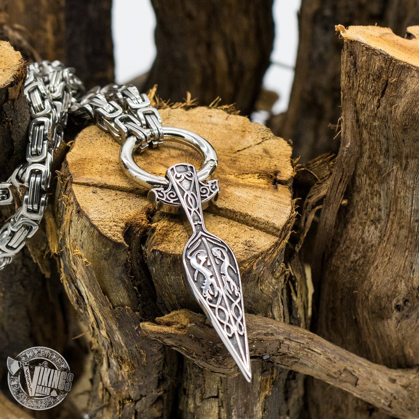HANDMADE King Chain Stainless Steel Necklace with Gungnir (Odin Spear) Pendant - VikingsBrand