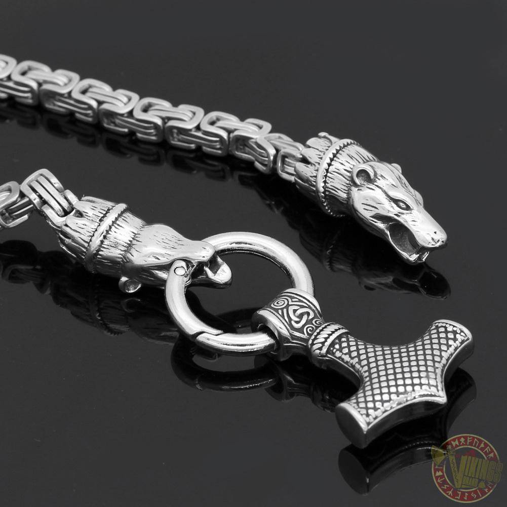 HANDMADE King's Chain Necklace with Wolf Head Beads and Thor's Hammer - VikingsBrand