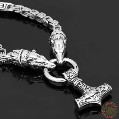 HANDMADE King's Chain Necklace with Wolf Head Beads and Thor's Hammer - VikingsBrand