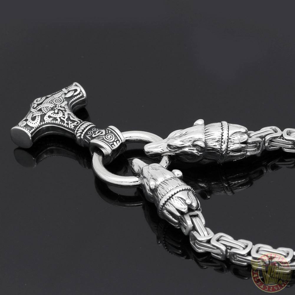 HANDMADE King's Chain Necklace with Wolf Head Beads and Thor's Hammer - VikingsBrand