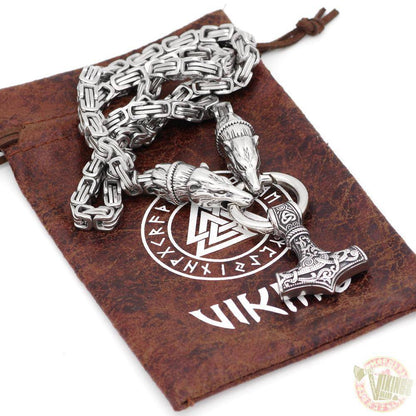 HANDMADE King's Chain Necklace with Wolf Head Beads and Thor's Hammer - VikingsBrand
