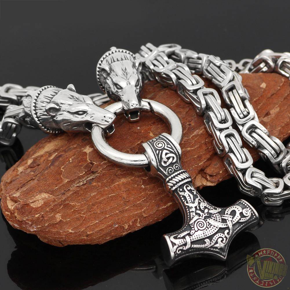 HANDMADE King's Chain Necklace with Wolf Head Beads and Thor's Hammer - VikingsBrand