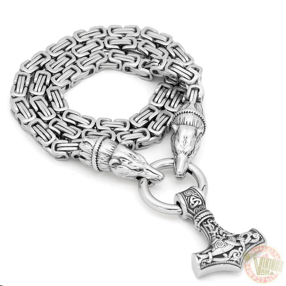 HANDMADE King's Chain Necklace with Wolf Head Beads and Thor's Hammer - VikingsBrand