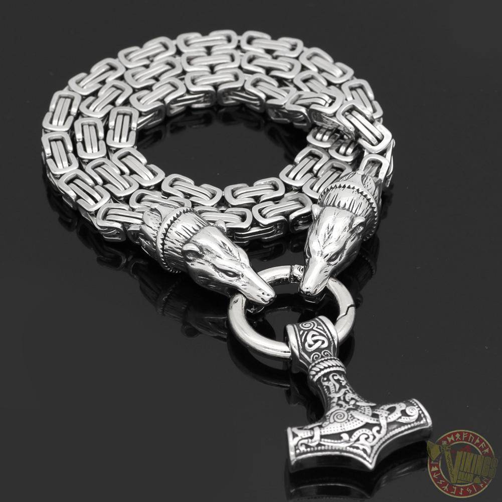 HANDMADE King's Chain Necklace with Wolf Head Beads and Thor's Hammer - VikingsBrand