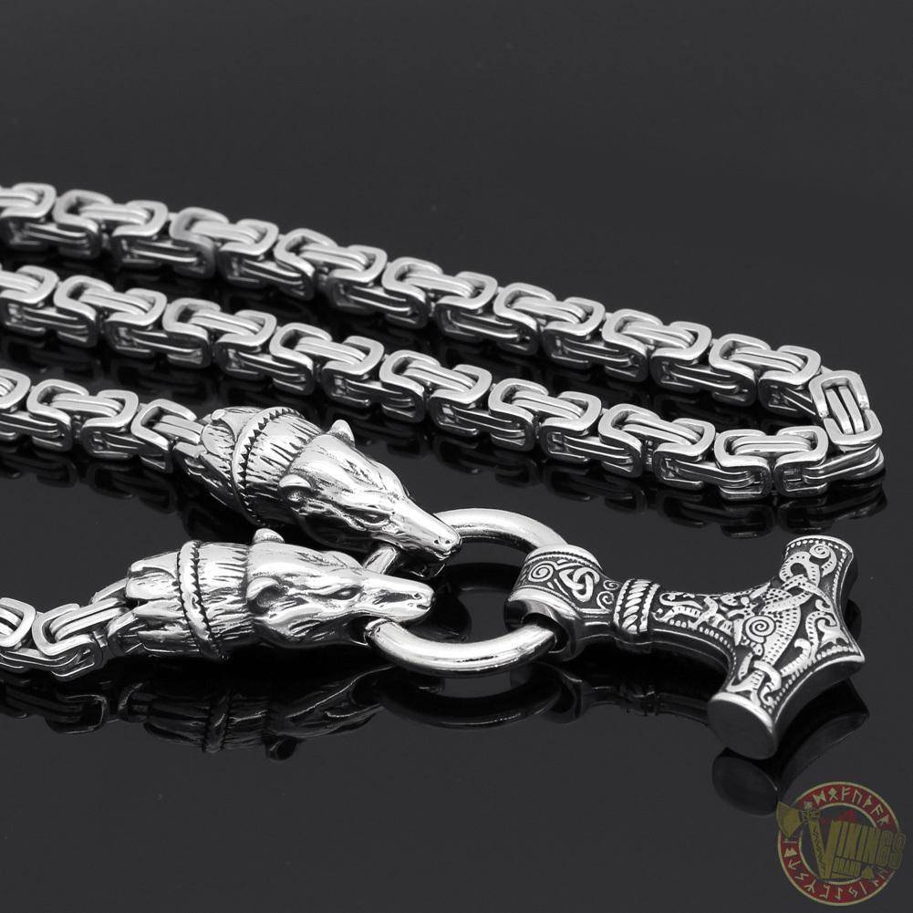 HANDMADE King's Chain Necklace with Wolf Head Beads and Thor's Hammer - VikingsBrand