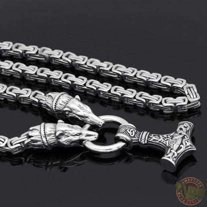 HANDMADE King's Chain Necklace with Wolf Head Beads and Thor's Hammer - VikingsBrand
