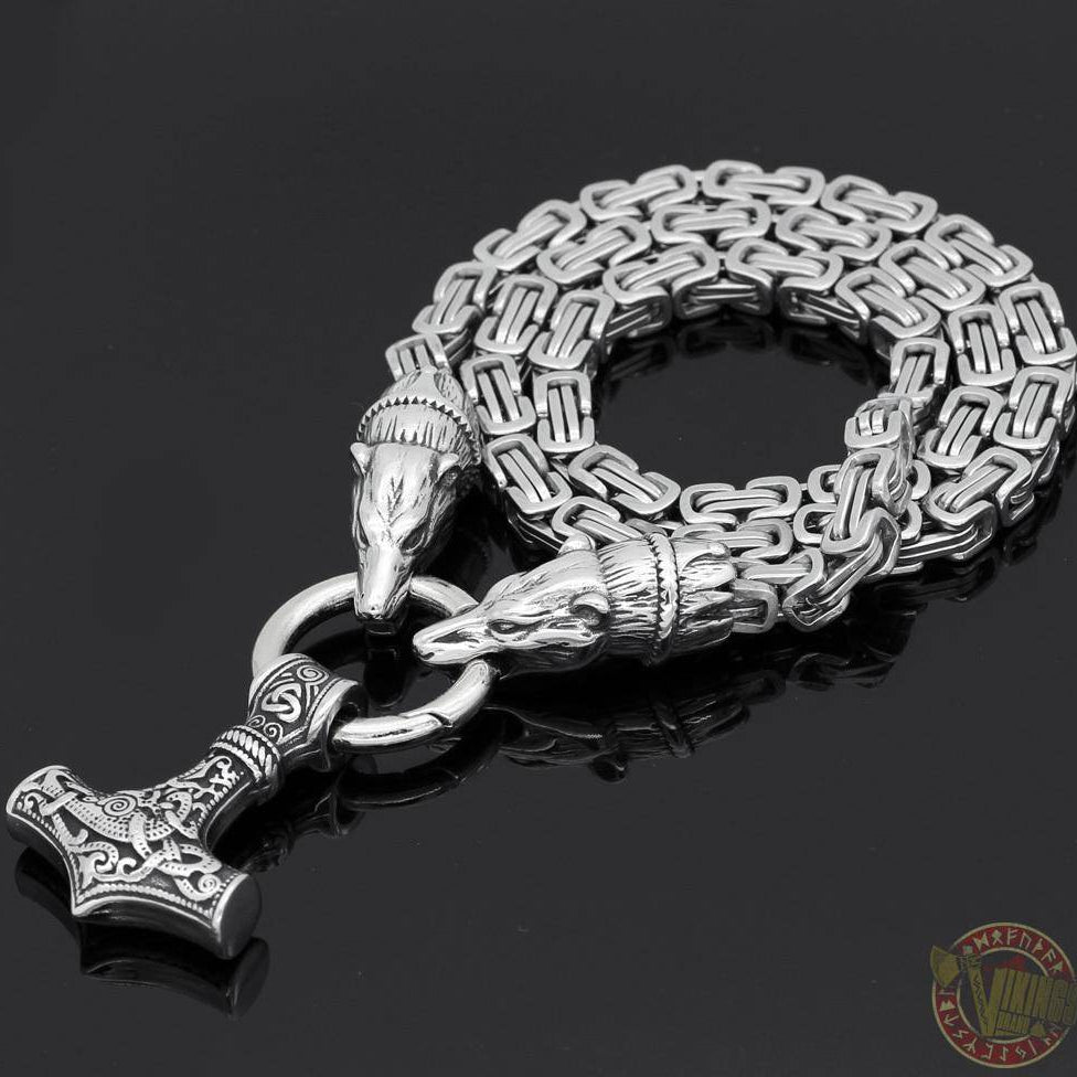 HANDMADE King's Chain Necklace with Wolf Head Beads and Thor's Hammer - VikingsBrand