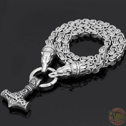 HANDMADE King's Chain Necklace with Wolf Head Beads and Thor's Hammer - VikingsBrand