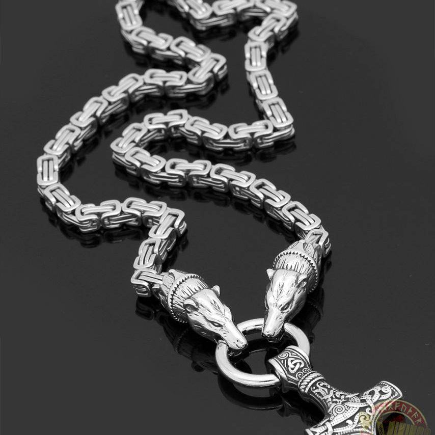 HANDMADE King's Chain Necklace with Wolf Head Beads and Thor's Hammer - VikingsBrand