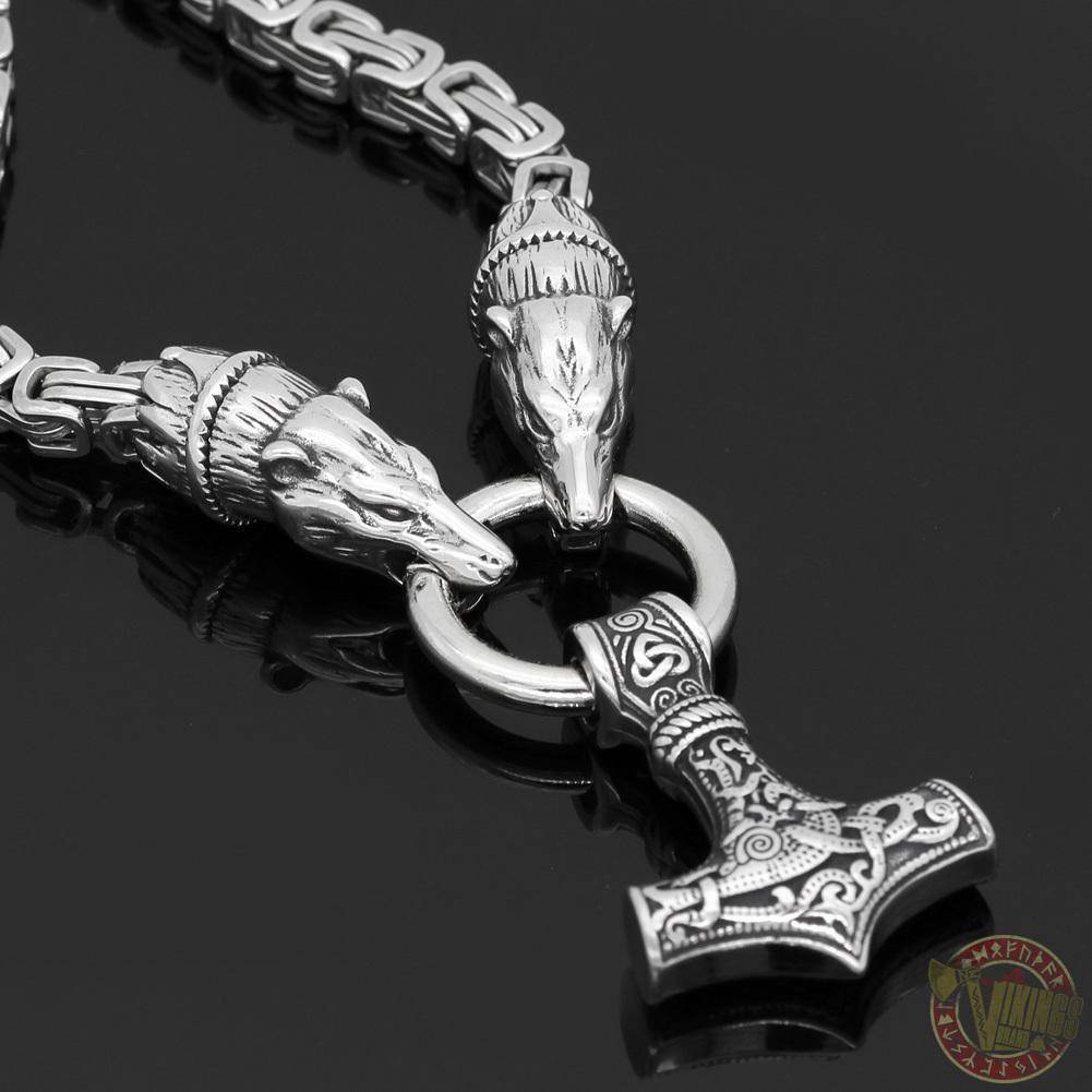 HANDMADE King's Chain Necklace with Wolf Head Beads and Thor's Hammer - VikingsBrand