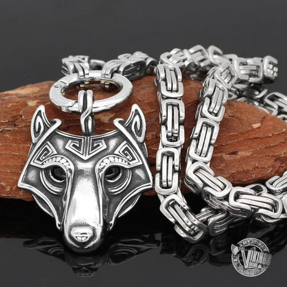HANDMADE King's Stainless Steel Necklace with Viking Wolf Head Pendant - VikingsBrand